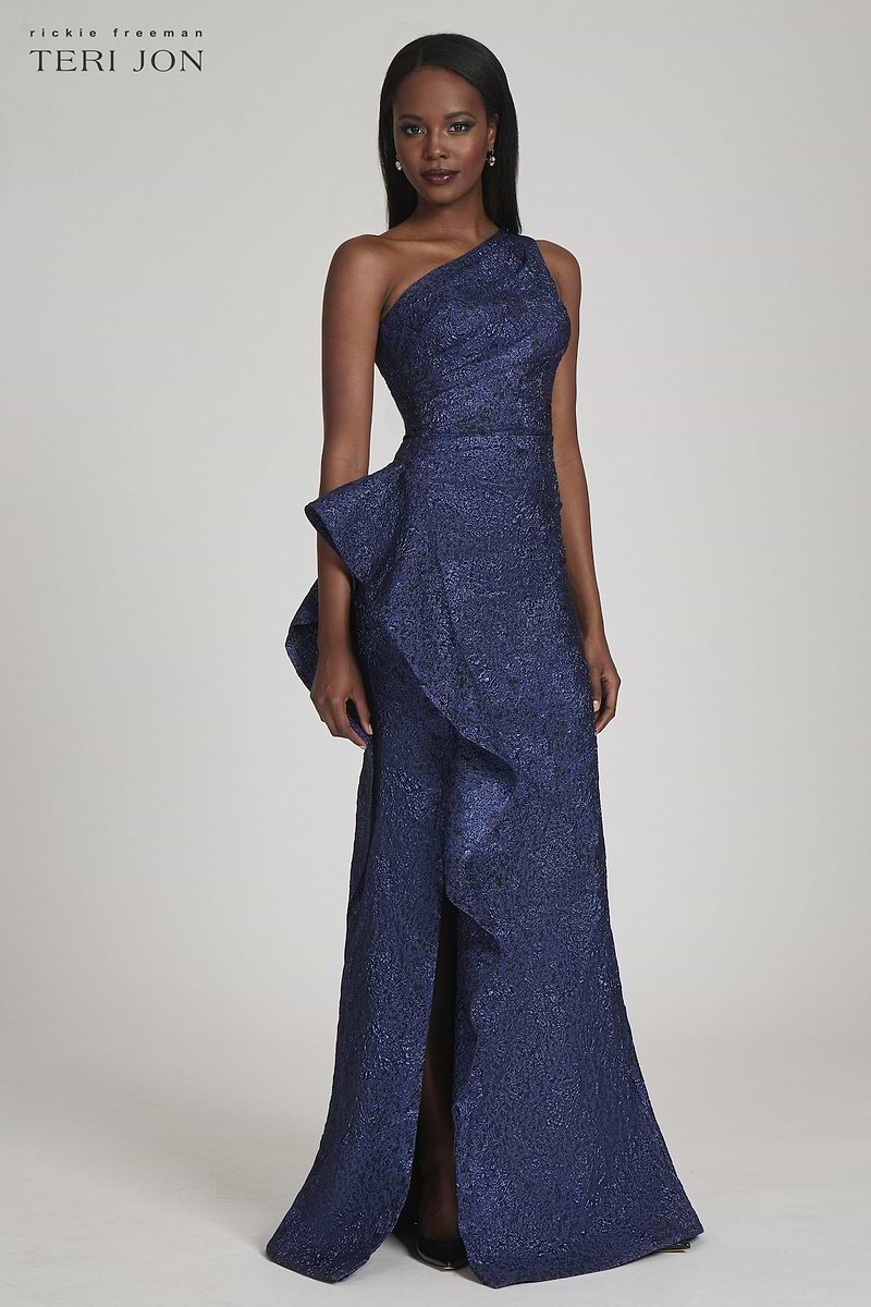 one shoulder jacquard dress in blue gold Teri Jon Metallic Gown - Black Color:Forest Juicy Christmas Salad With very fitted at natural long sleeve dresses for sweet 16