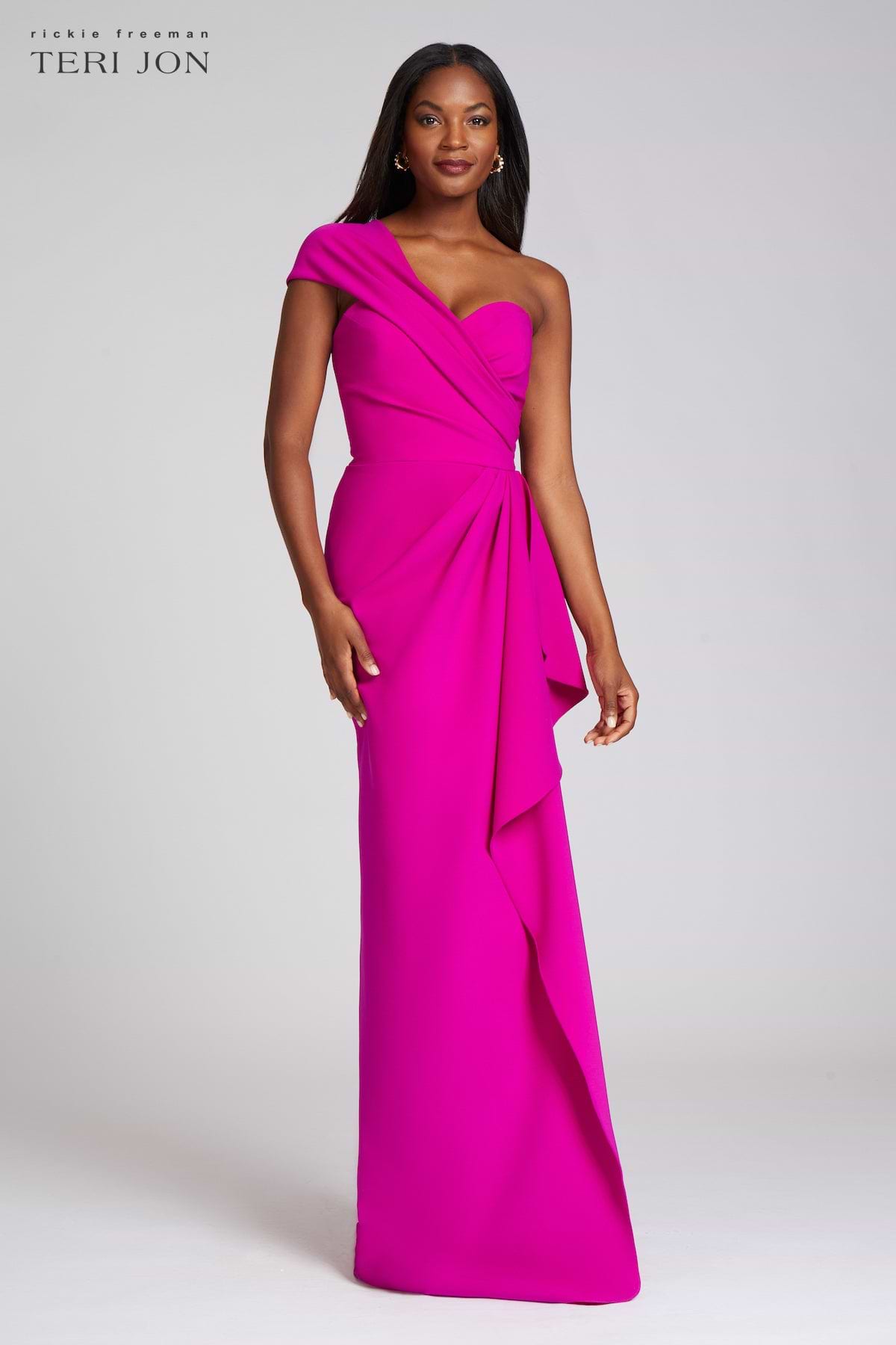 Teri Jon One Shoulder Side Drape Gown - Hot Pink