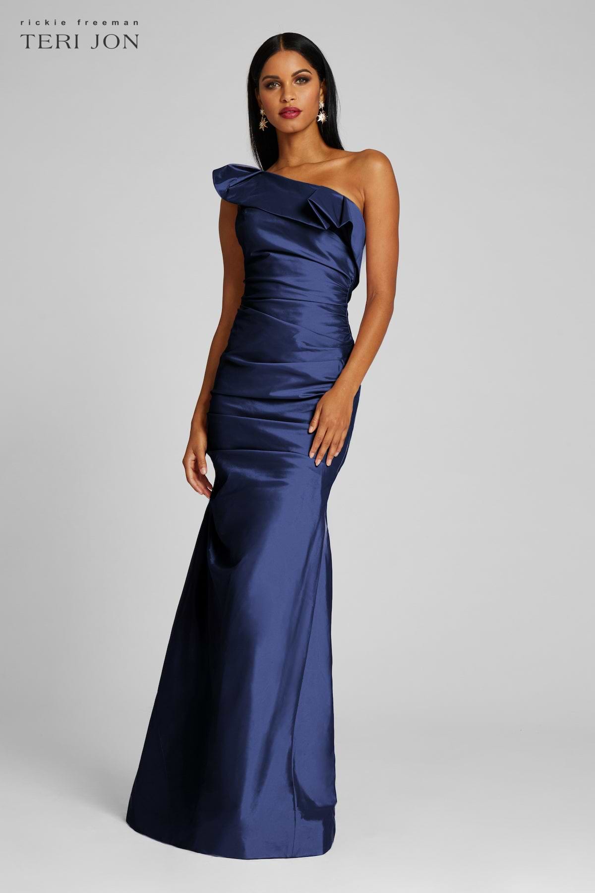 Teri Jon One Shoulder Pleat Draped Stretch Taffeta Gown Size 10