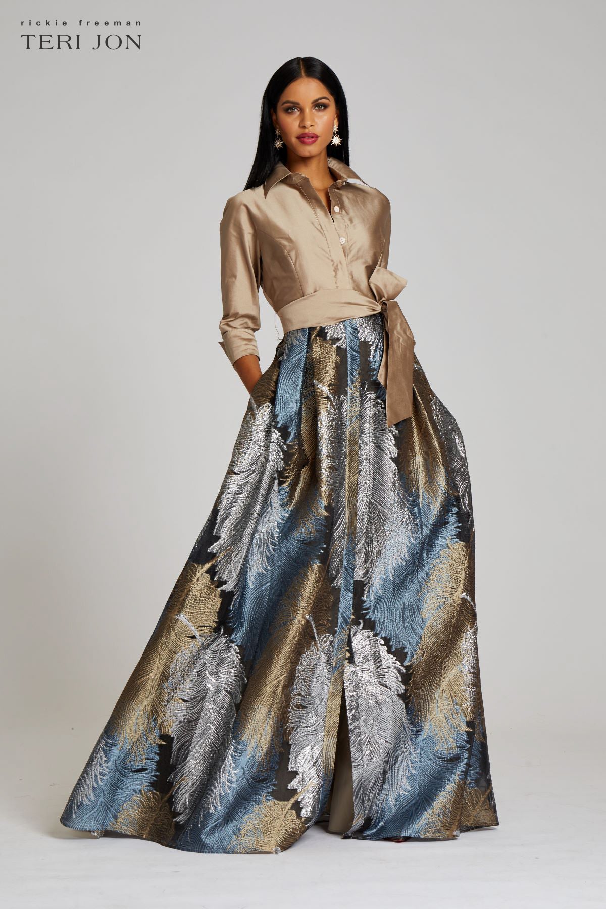 Teri Jon Metallic Jacquard Shirt Dress Gown - Gold Multi