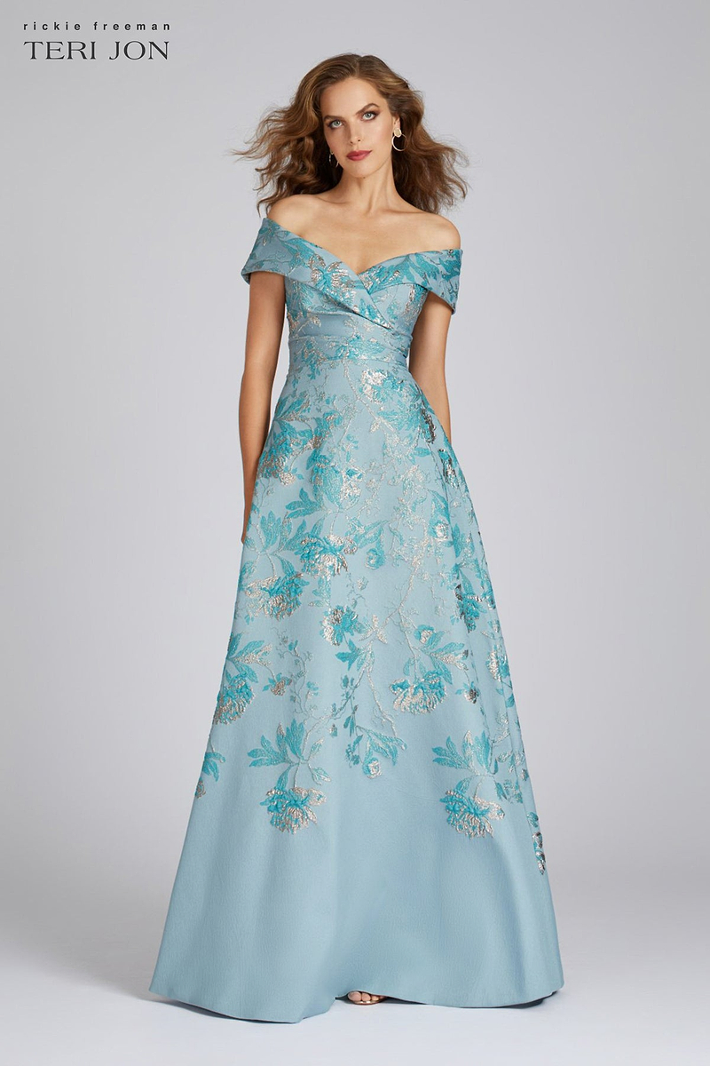 Off The Shoulder Metallic Jacquard A-Line Gown –