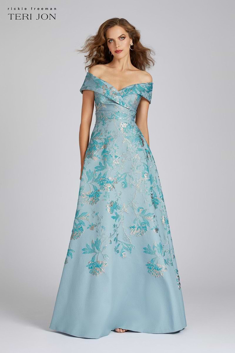 Off The Shoulder Metallic Jacquard A-Line Gown –