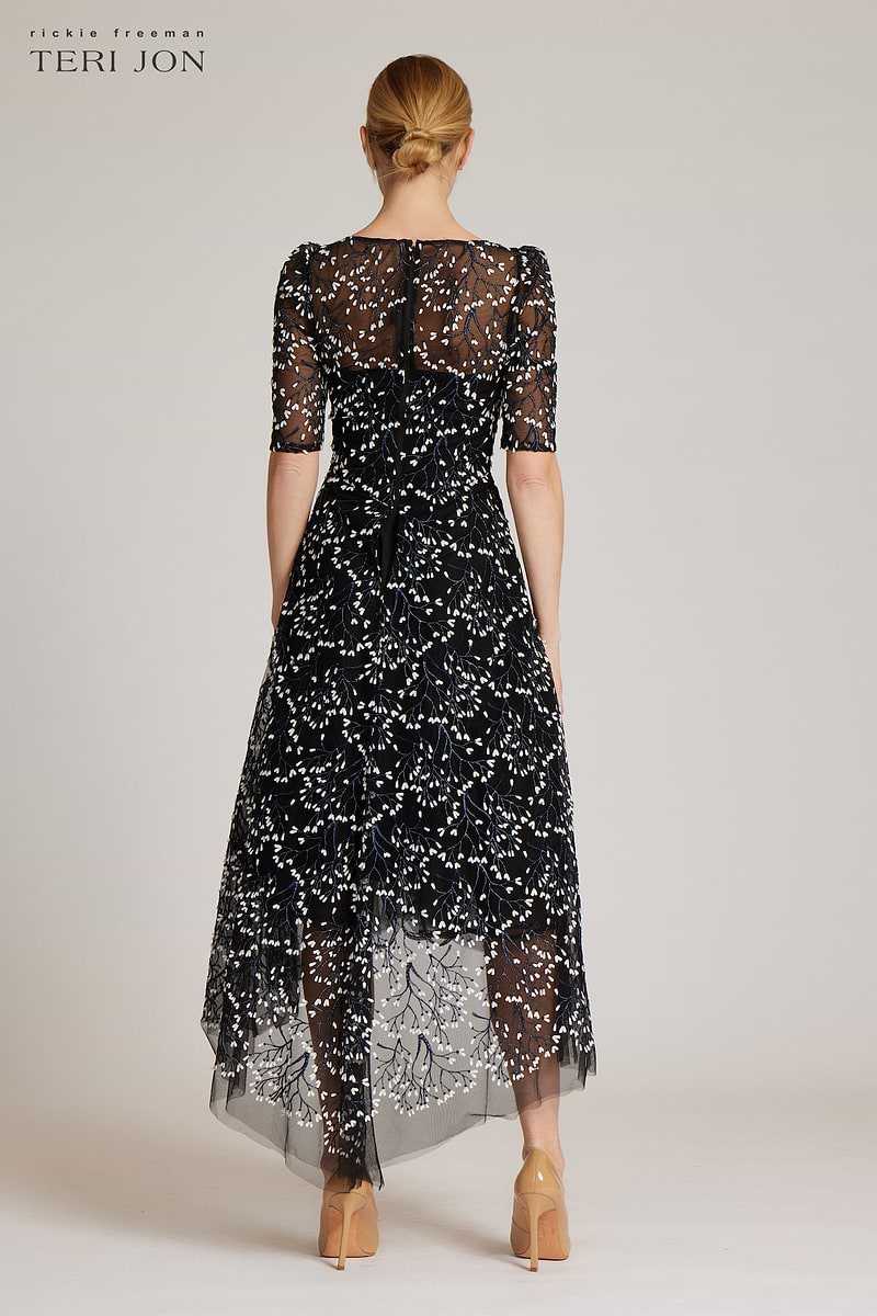 Lace Short Sleeve High Low Dress | Teri Jon – Terijon.com