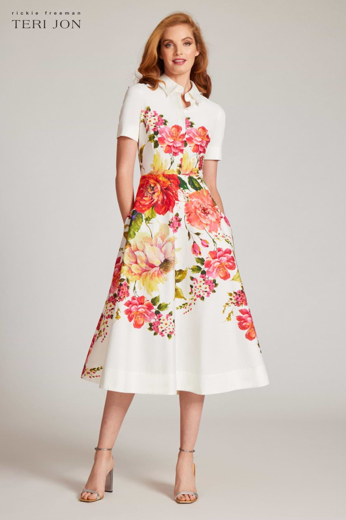 Teri Jon Bold Floral Print Shirt Midi Dress - Pink Multi