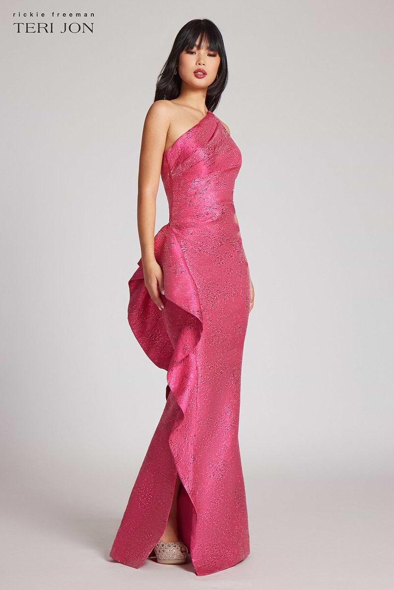 Jacquard Side Ruffle One Shoulder Gown –