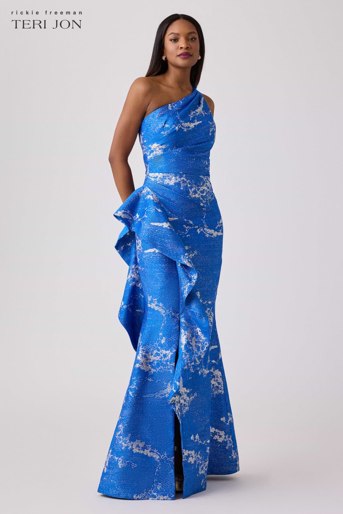 Metallic Jacquard One Shoulder Side Ruffle Gown –
