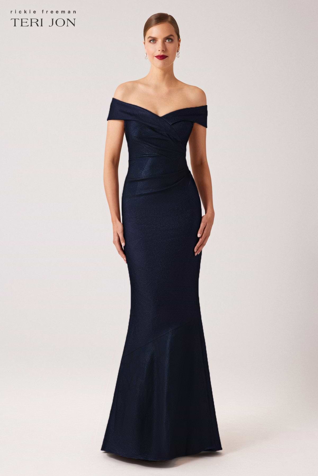teri jon off shoulder dress Metallic Jacquard Portrait Gown Color::#35-Navy sophisticated silhouette Category_Knee-Length Cocktail Dresses Brooks Brothers Women's Chiffon