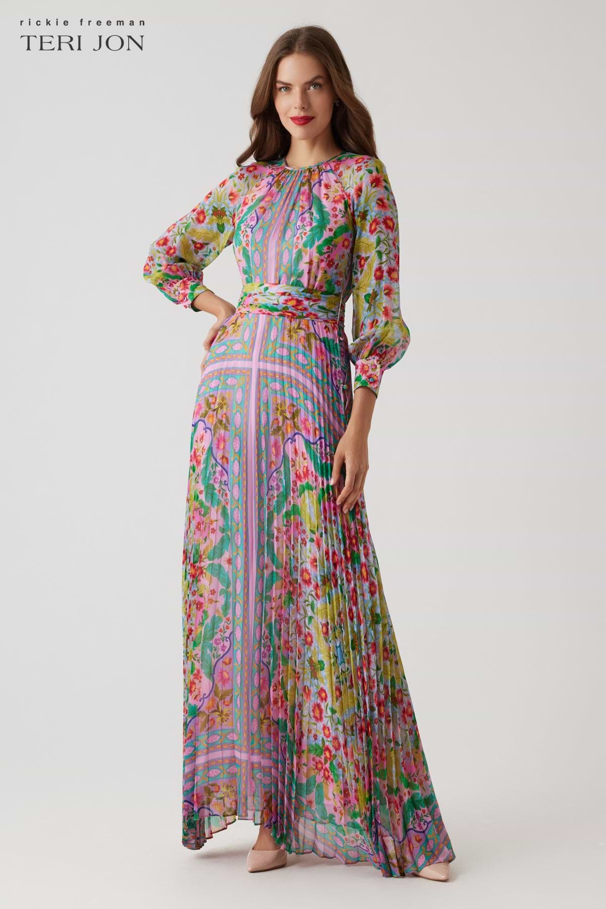 Patchwork Printed Chiffon Pleated Gown