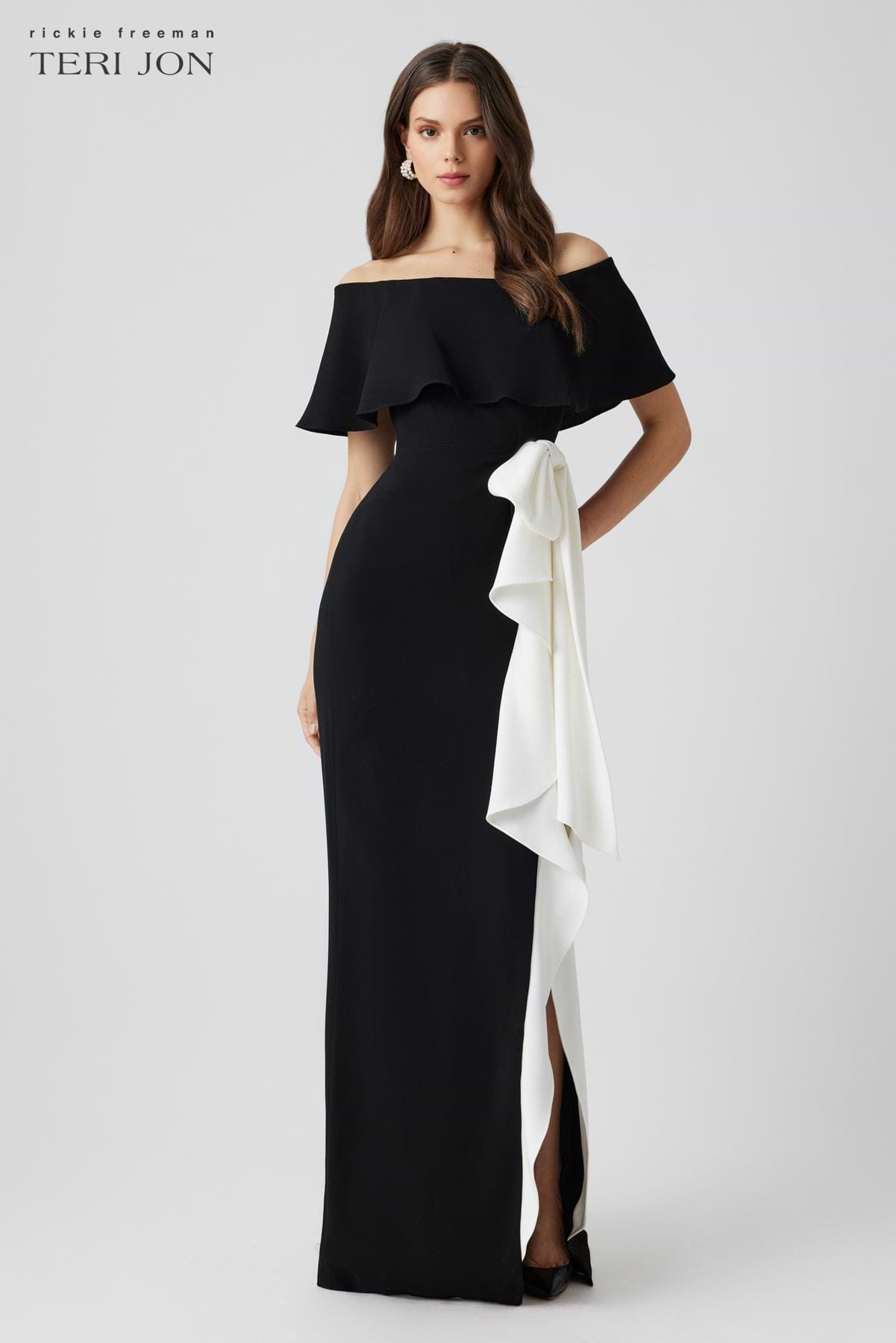 Teri Jon Crepe Off-the-Shoulder Flounce Bow Gown Size 6
