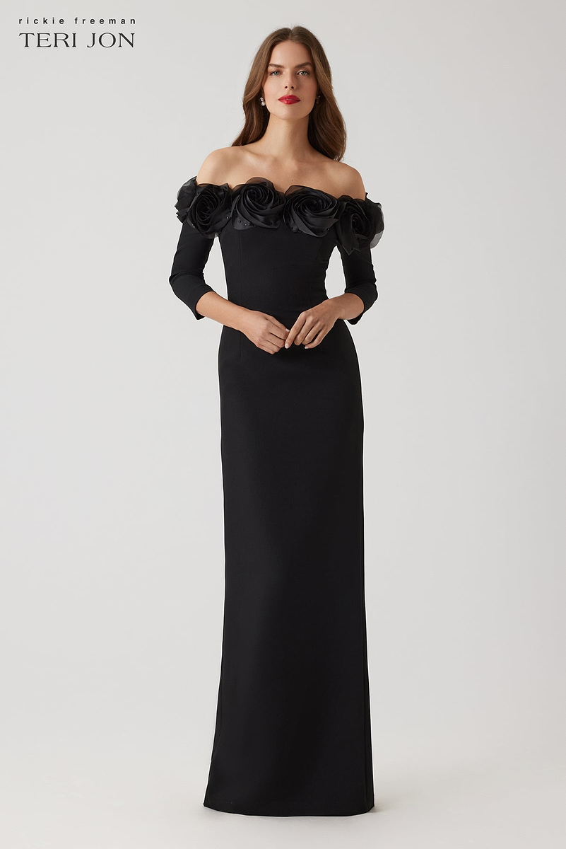 teri jon off shoulder dress Crepe 3D Flower The Three Quarter Length Sleeved Gown - Black or evening affairs Color:Black and Ivory vibrant beach dress How to max out
