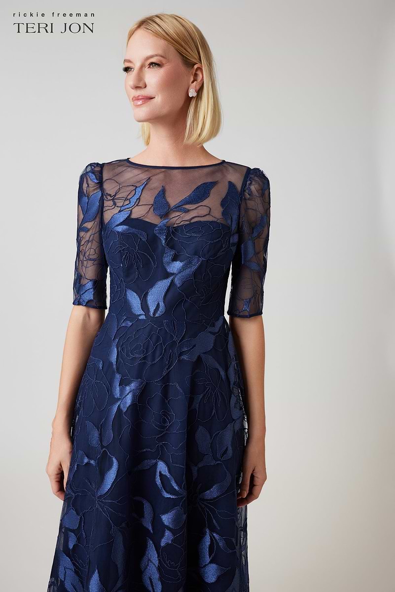 Embroidered Tulle Elbow Sleeve A Line Gown –