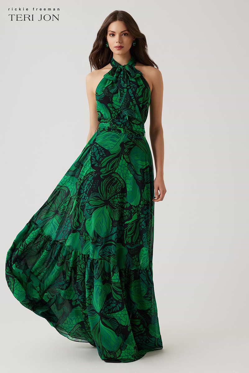 Teri Jon Chiffon Floral Print Halter Gown Size 14