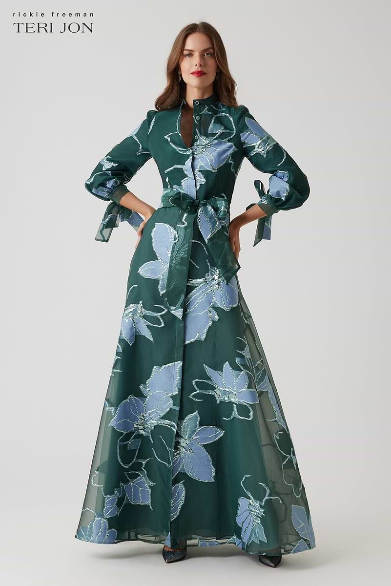 Floral Jacquard Mandarin Neck Shirt Gown