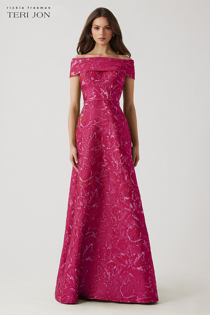 Teri Jon Metallic Jacquard Floral Off The Shoulder Gown Size 0
