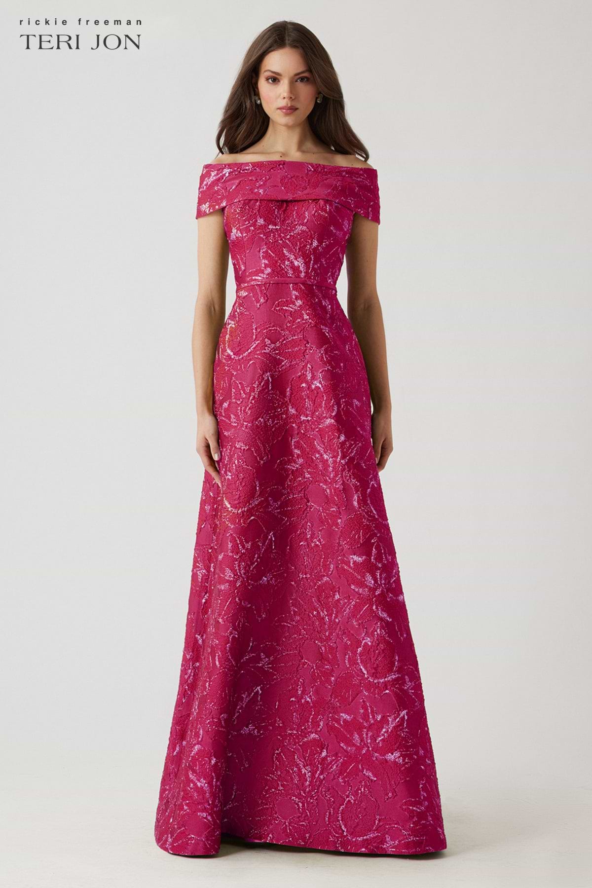Teri Jon Metallic Jacquard Floral Off The Shoulder Gown Size 0