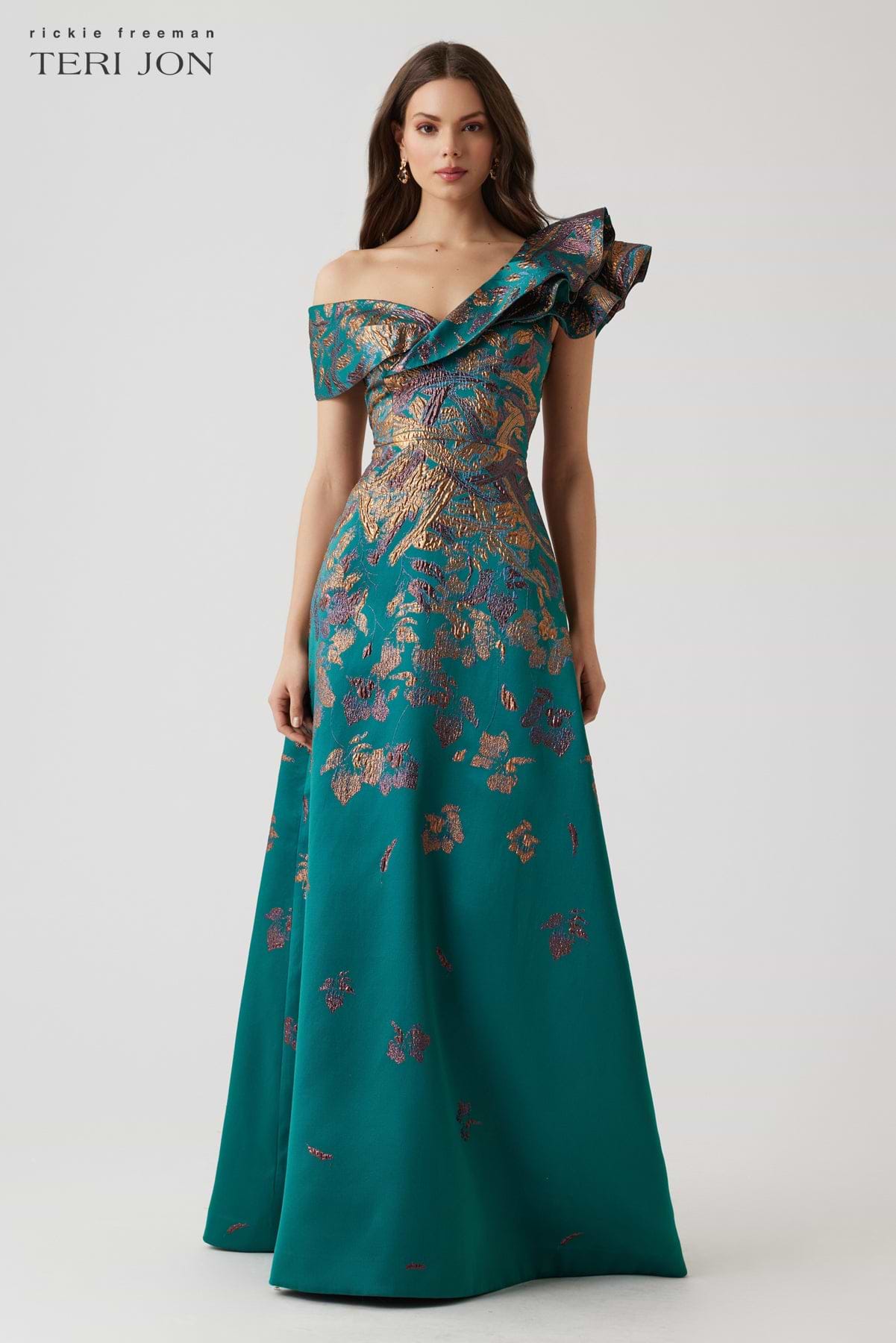 Metallic Jacquard Asymmetrical Ruffle Shoulder Gown