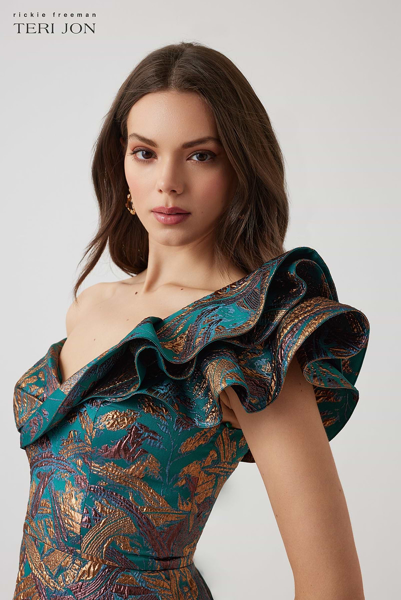 Metallic Jacquard Asymmetrical Ruffle Shoulder Gown –