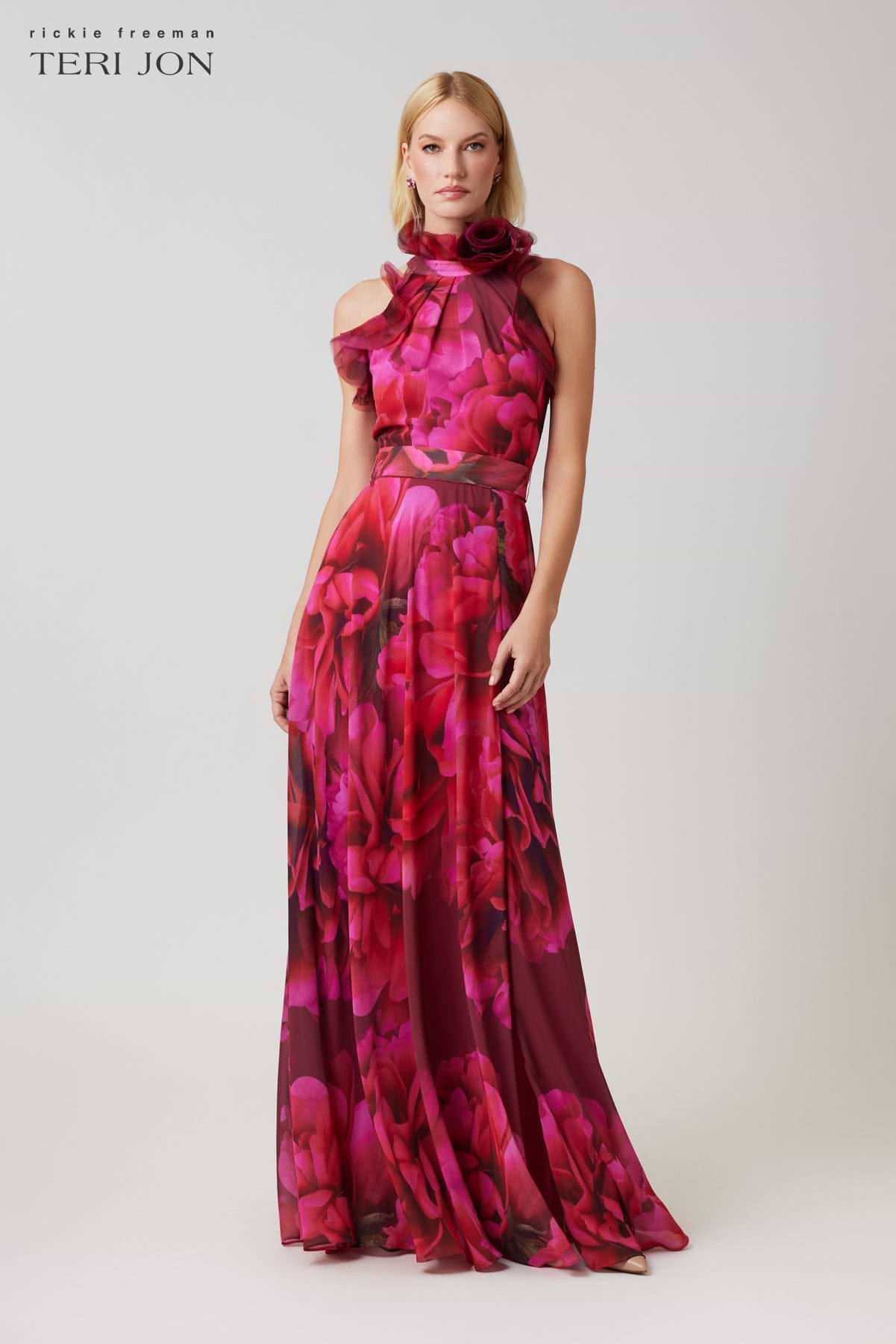 Teri Jon Chiffon Floral Organza Halter Gown Size 0