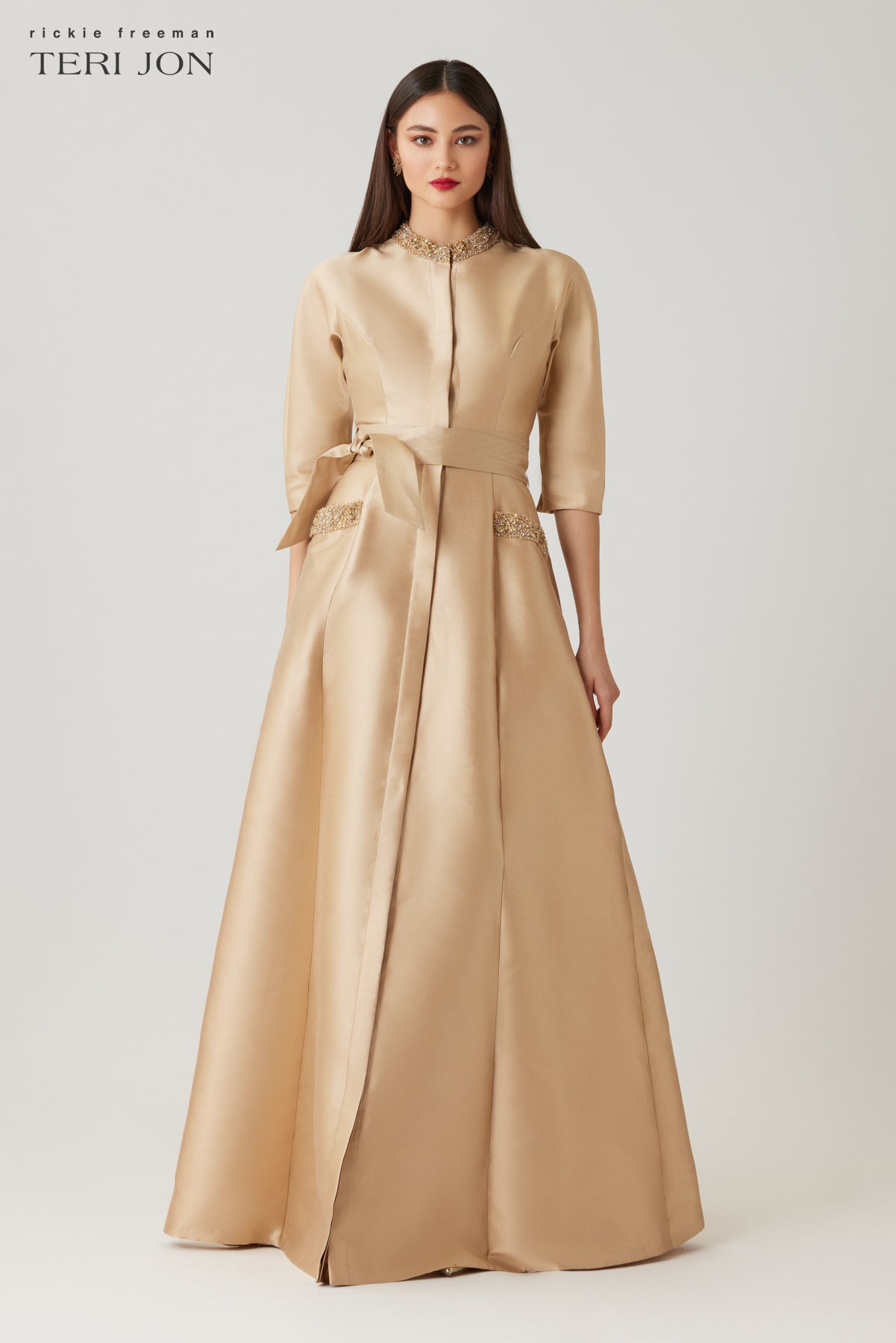 golden mikado dress Bead Collar And Pocket Shirt Waist Gown NewReleases