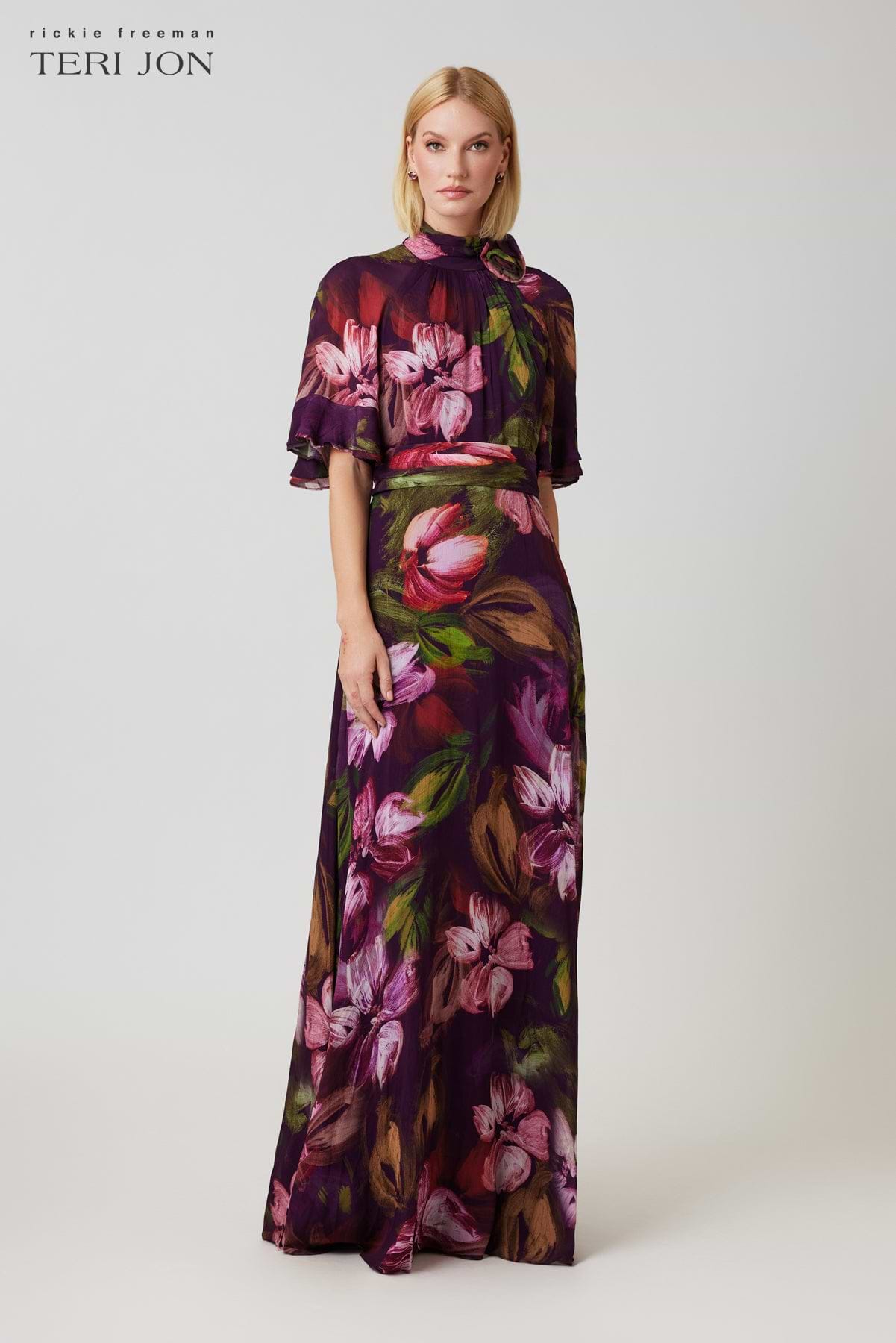Chiffon Floral Flutter Sleeve Maxi Gown –