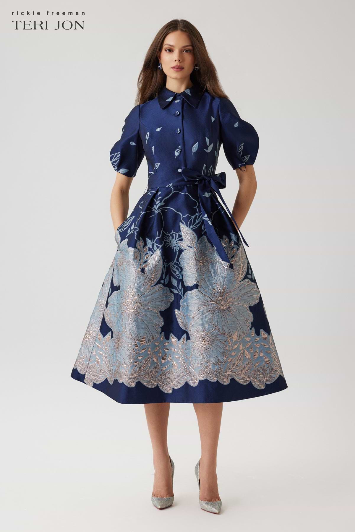 Metallic Jacquard Floral Puff Sleeve Dress