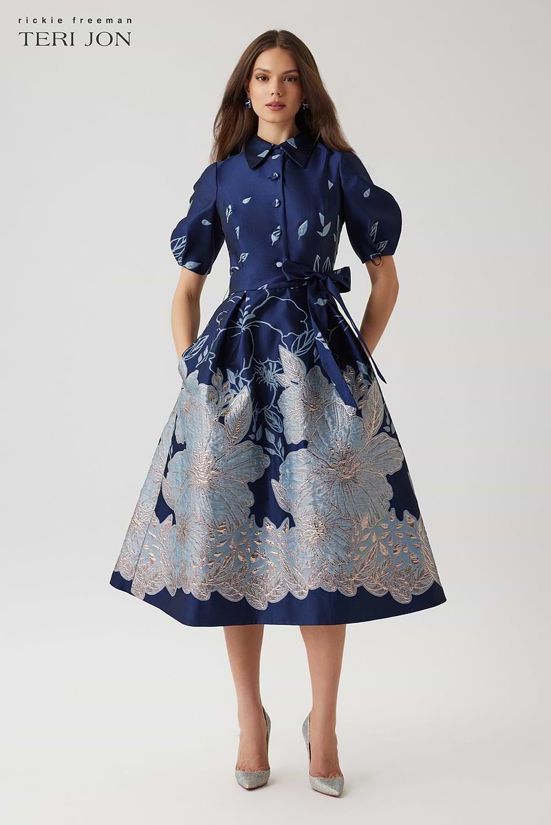 Metallic Jacquard Floral Puff Sleeve Dress – Terijon.com