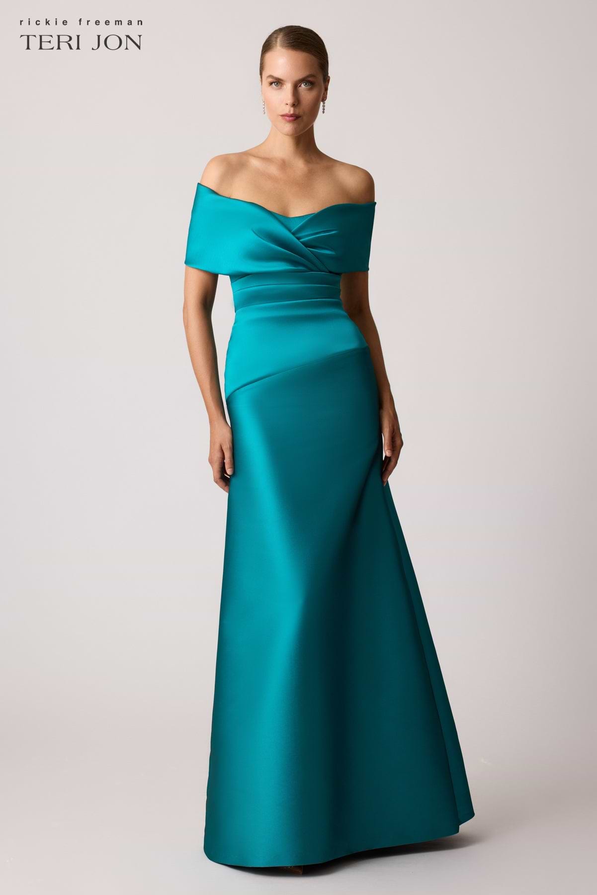 Stretch Mikado Off Shoulder Ruched Gown –