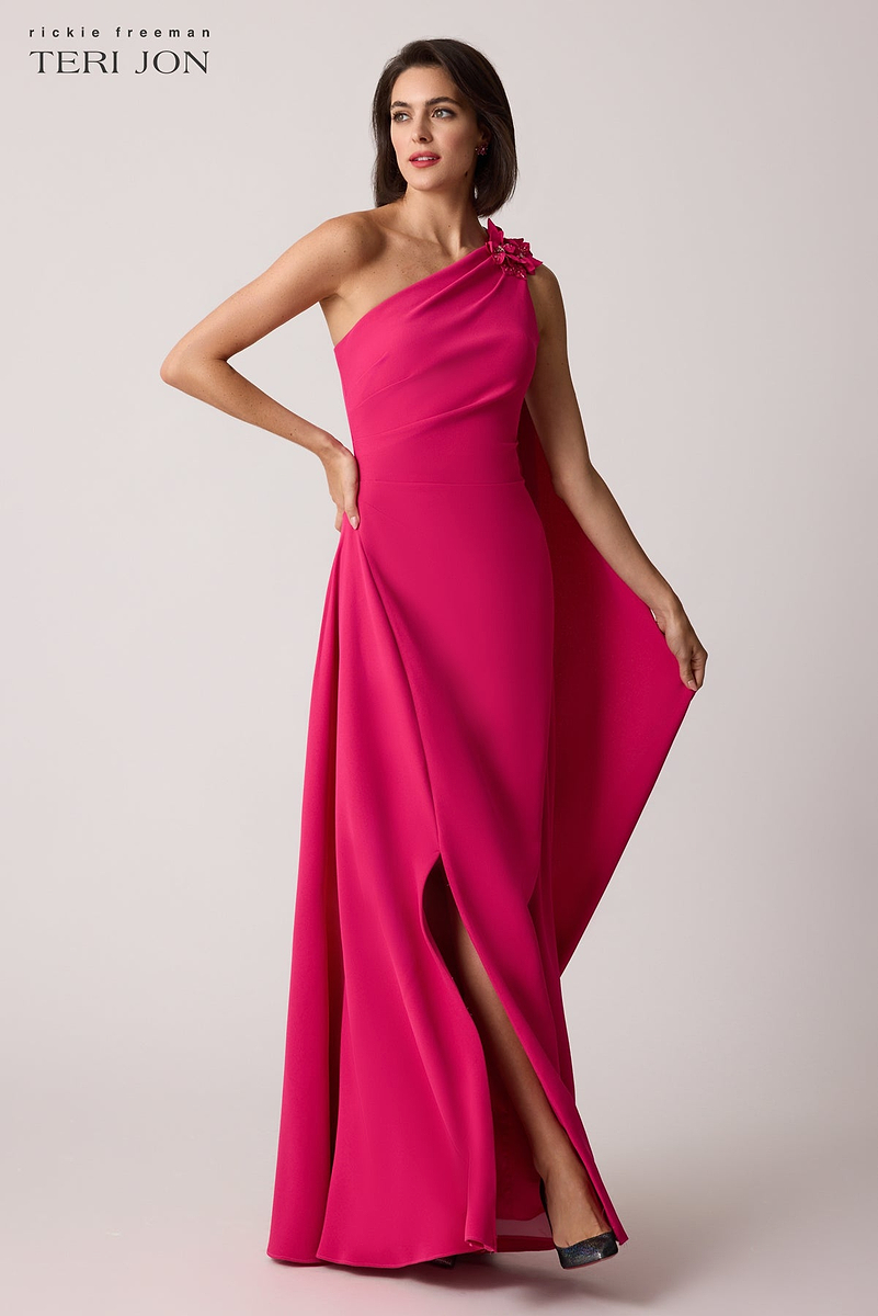 Stretch Crepe One Flower Shoulder Gown –