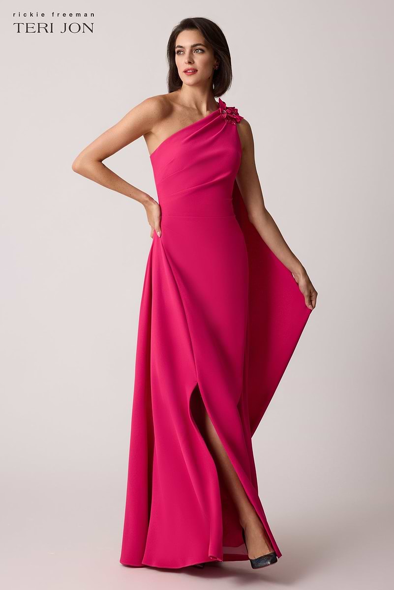 Stretch Crepe One Flower Shoulder Gown –