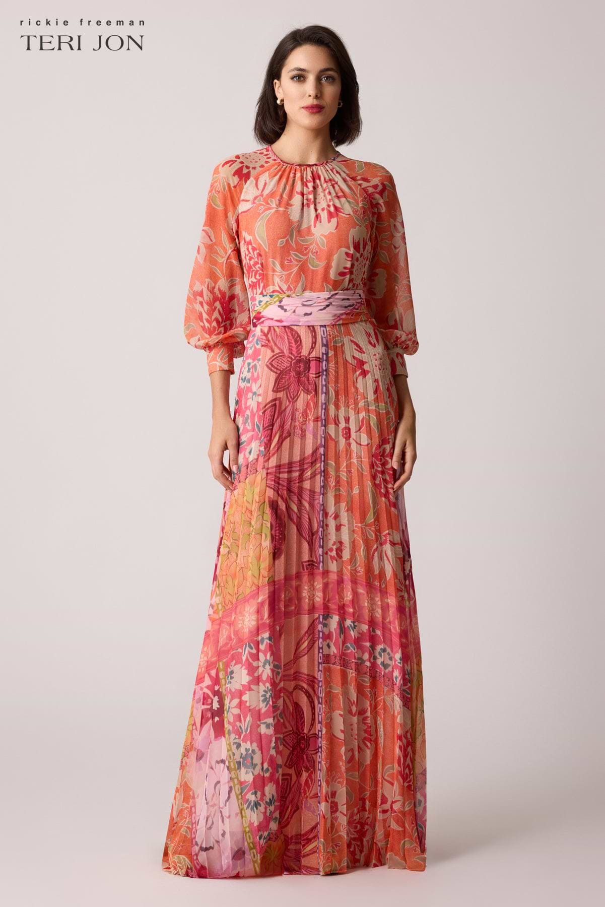 Chiffon Floral Geometric Pleated Maxi Gown