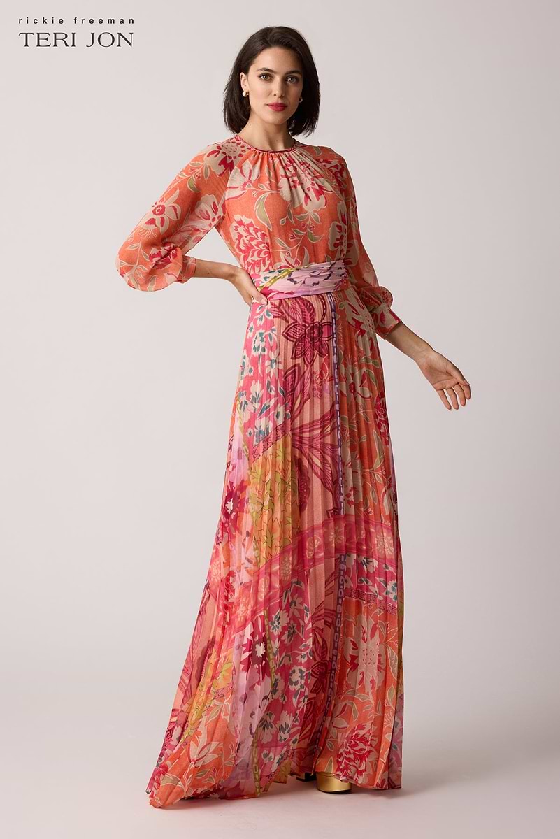Chiffon Floral Geometric Pleated Maxi Gown –