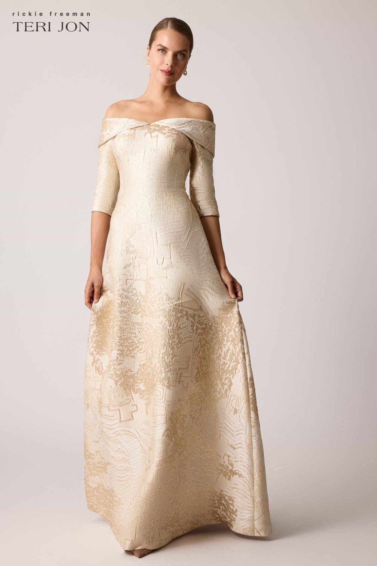 Metallic Jacquard Off Shoulder Evening Gown with Sleeves