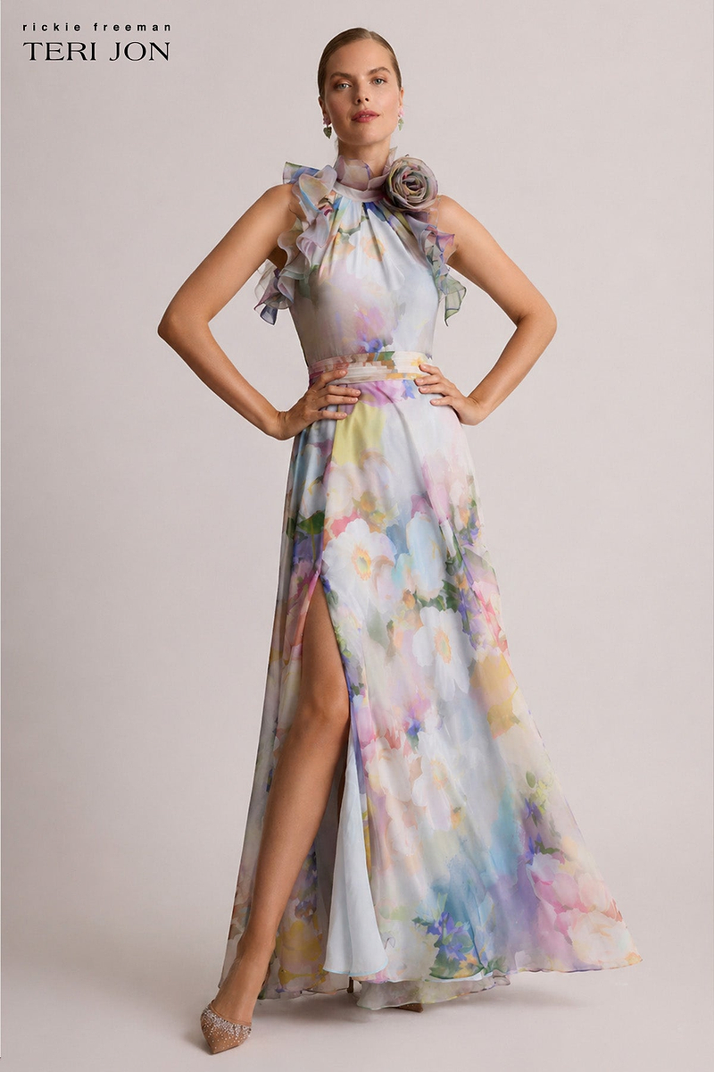watercolor chiffon dress Teri Jon Organza Halter Gown Size 2 Color:Candy Pink Ivory Silver and soft green tones Juniors little black dress TBD14476