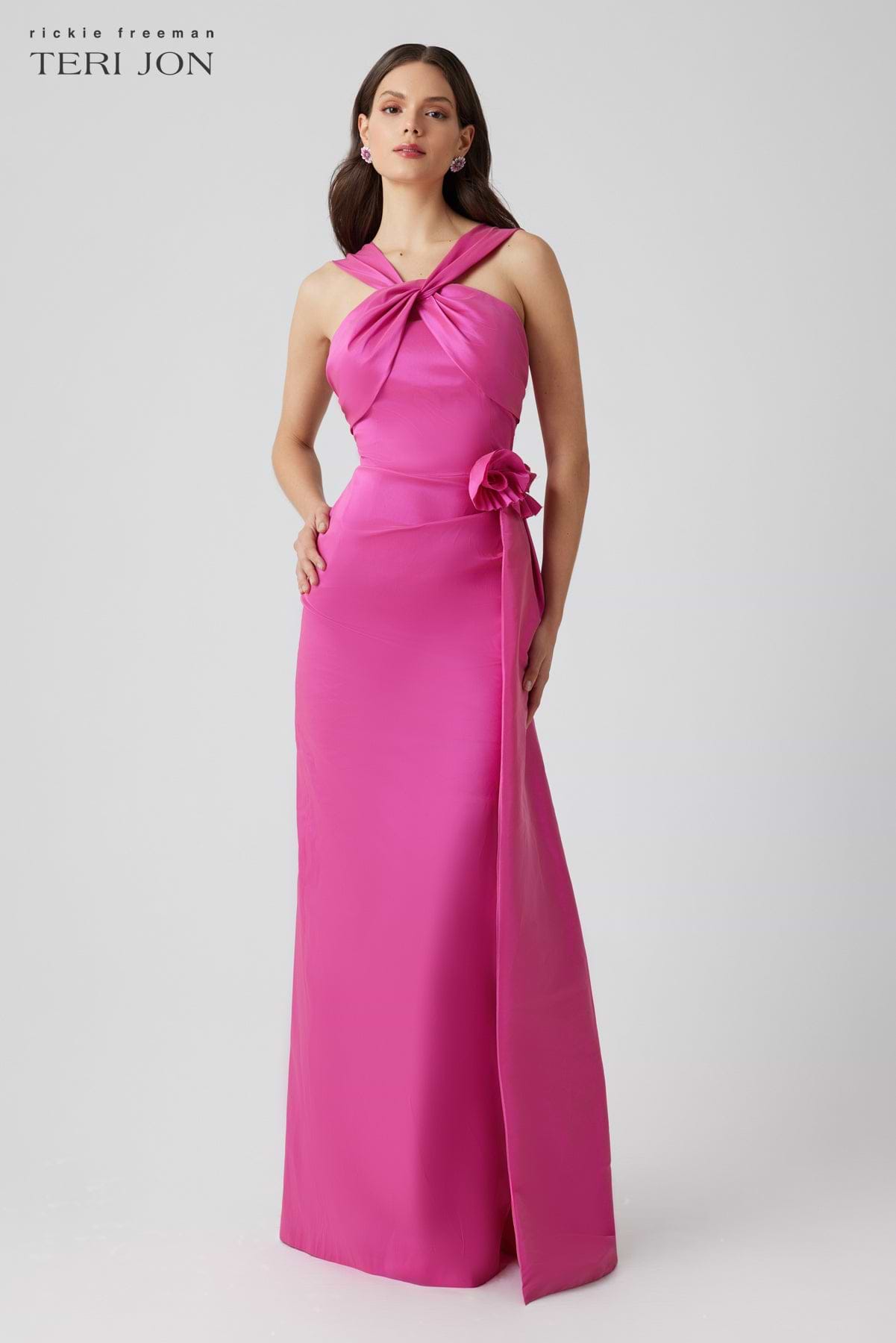 Stretch Taffeta Twist Neck 3D Flower Gown