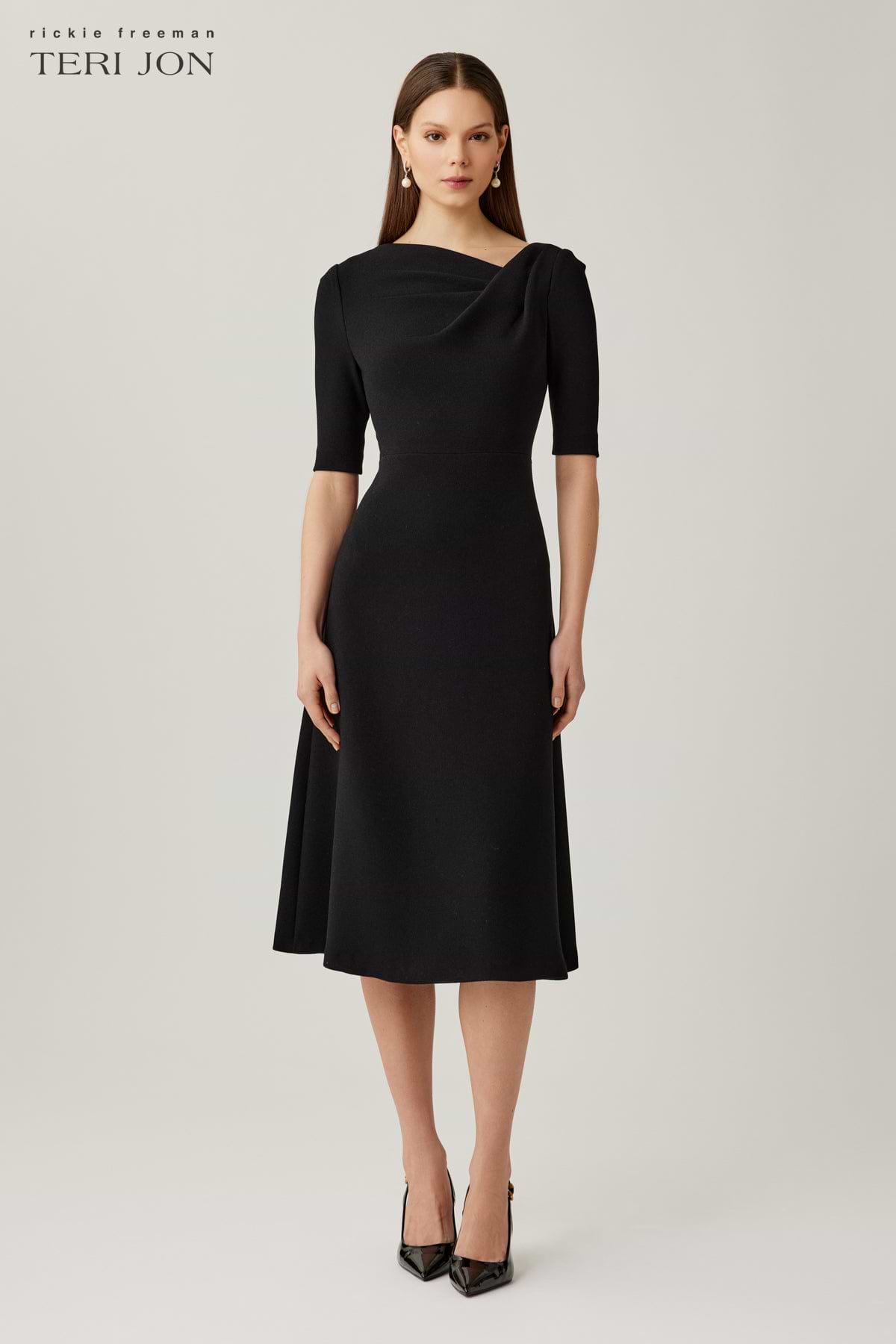 Teri Jon Crepe Asymmetrical Draped A Line Dress Size 16