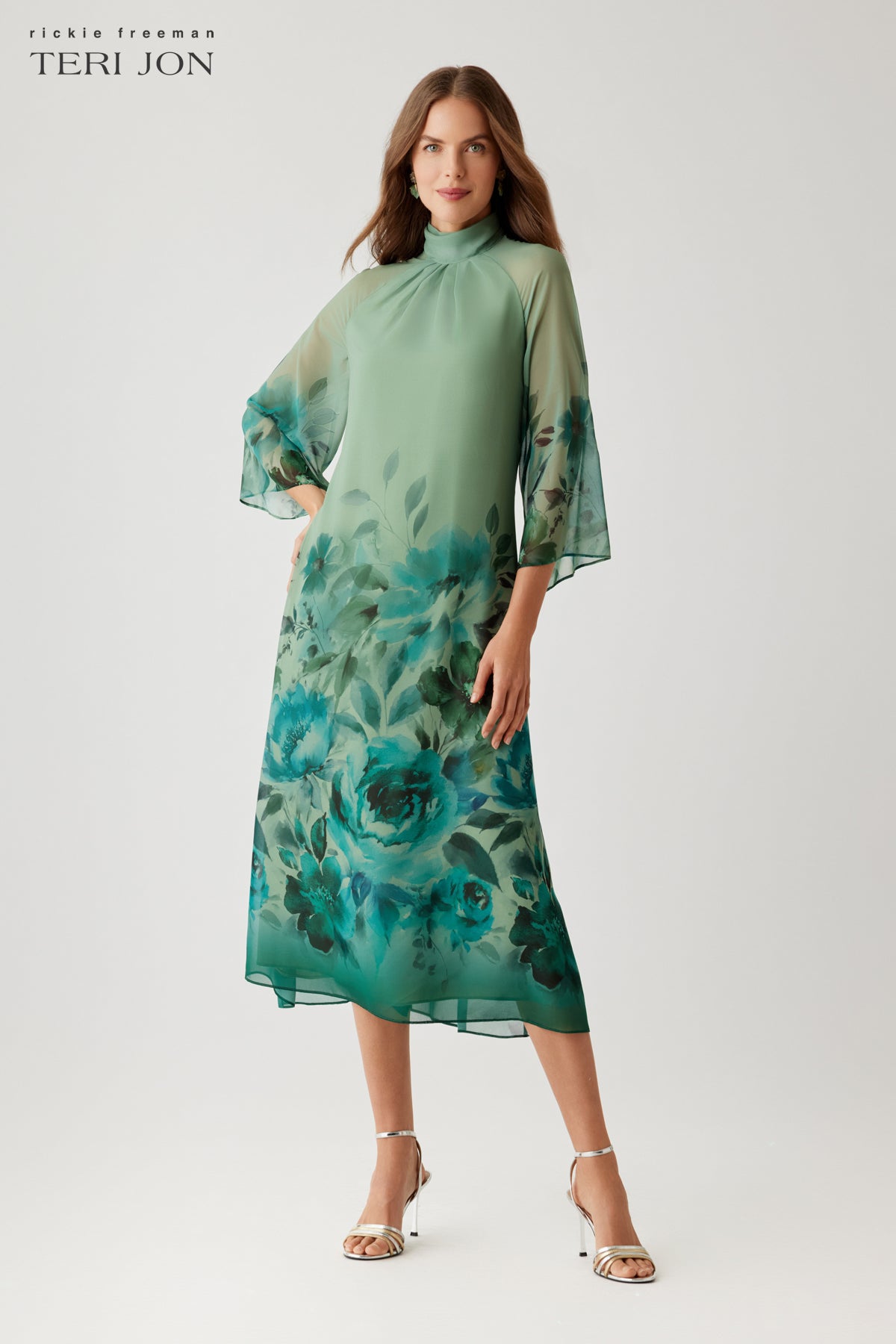 Teri Jon Chiffon Border Print Drape Neck 3/4 Sleeve A Line Midi Dress Size 8