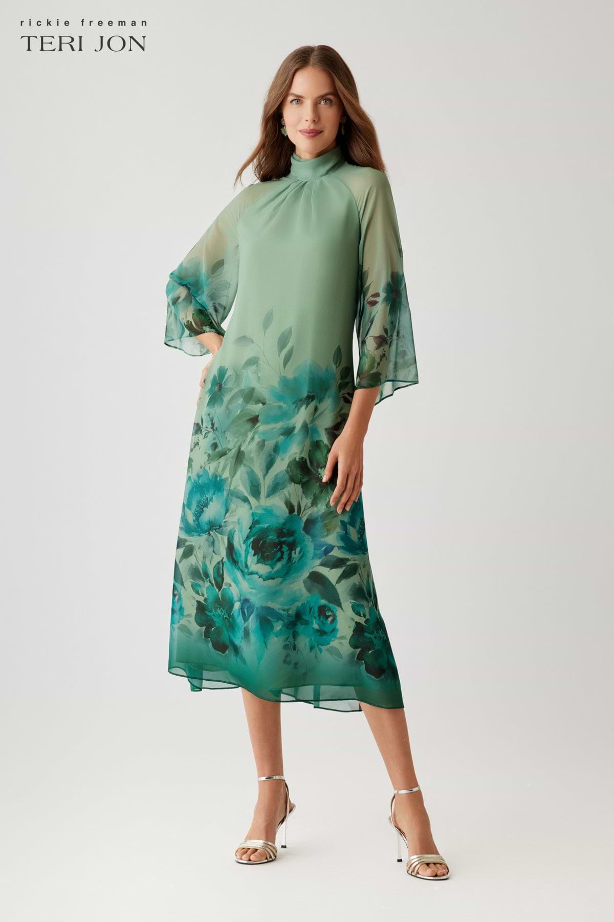 Teri Jon Chiffon Border Print Drape Neck 3/4 Sleeve A Line Midi Dress Size 8