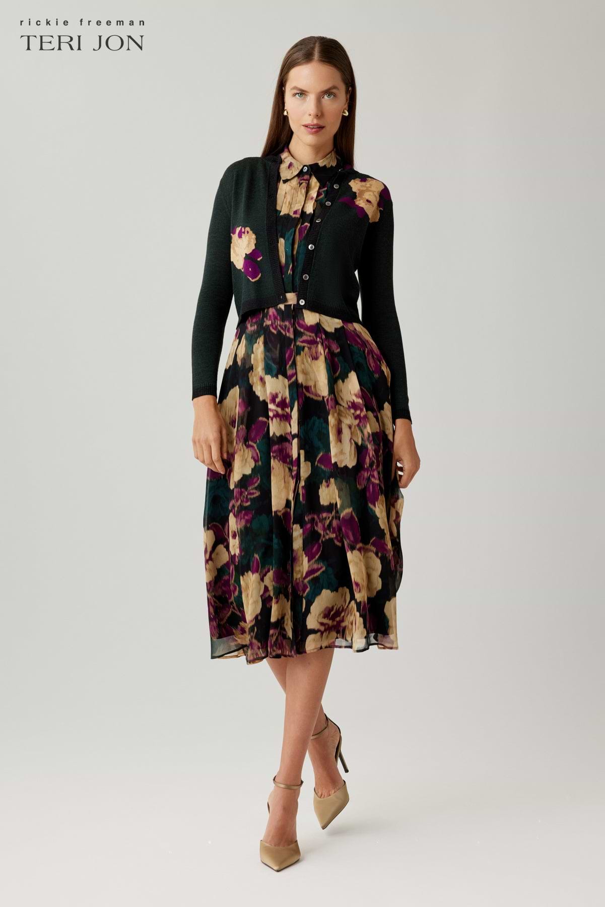 Chiffon Floral Printed Midi Shirt Dress –