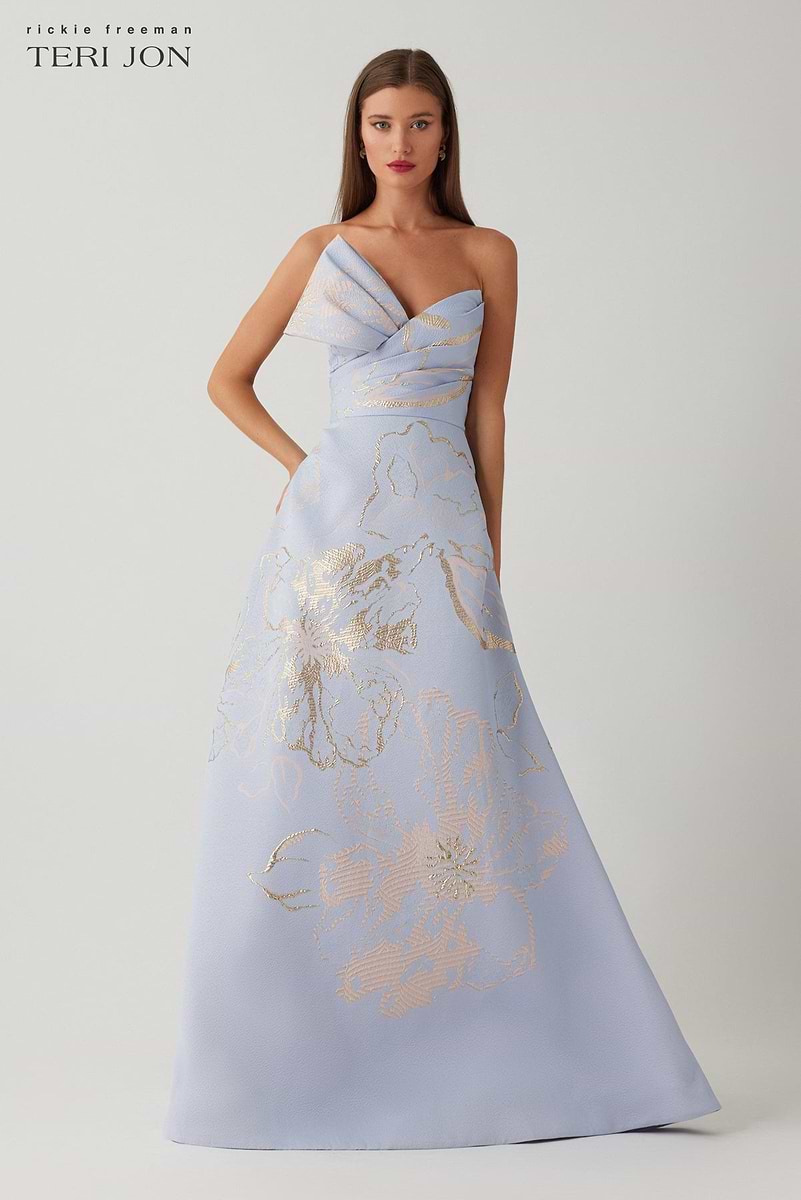 Metallic Jacquard Strapless Side Bow A Line Skirt Gown – Terijon.com