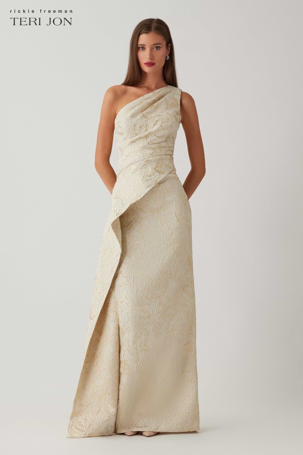 Teri Jon Metallic Jacquard One Shoulder Gown - Champagne Multi