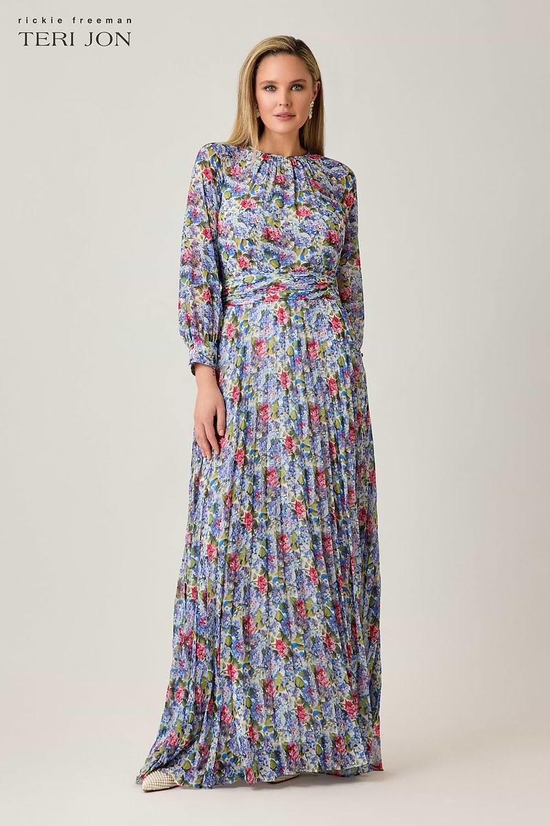 Teri Jon Chiffon Print Long Sleeve Pleated Gown Size 14