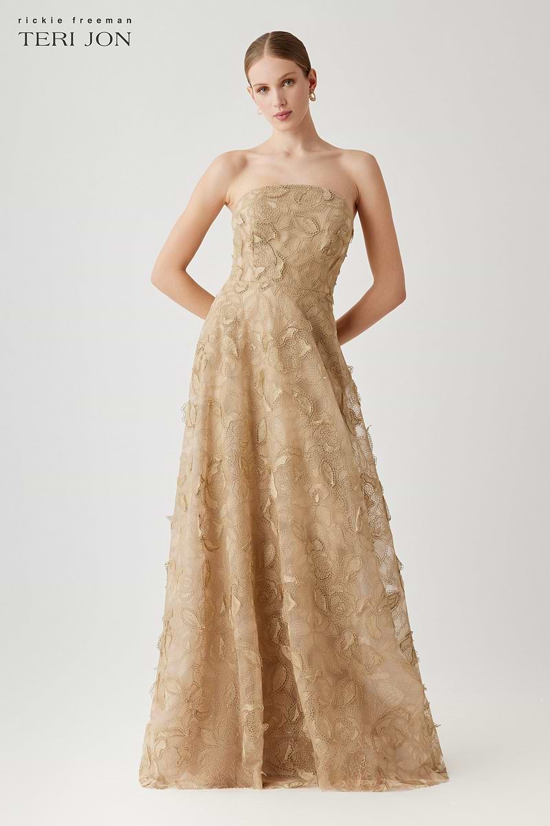 Strapless Floral Lace Gown –