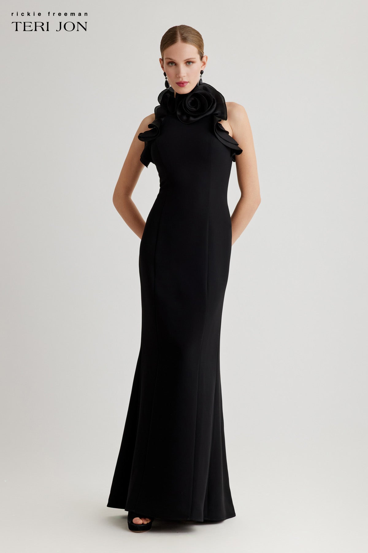 teri jon black dress Stretch Crepe Ruffled Halter Gown Size 14 Abercrombie & Fitch bubble Color:Same As Photo W-Events-Casual True to size Length