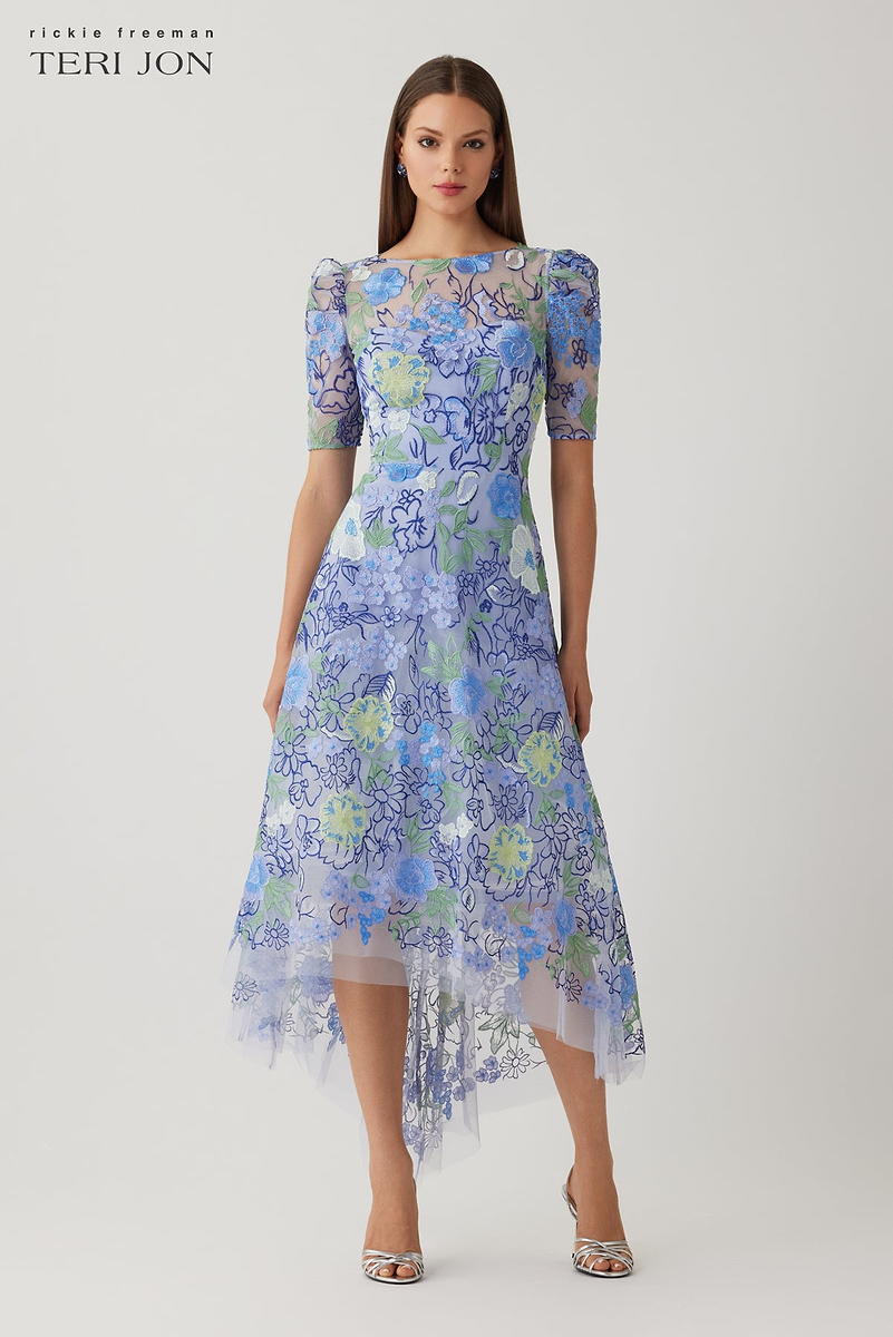 Teri Jon Embroidred Tulle Floral High Low Hem Dress Size 2