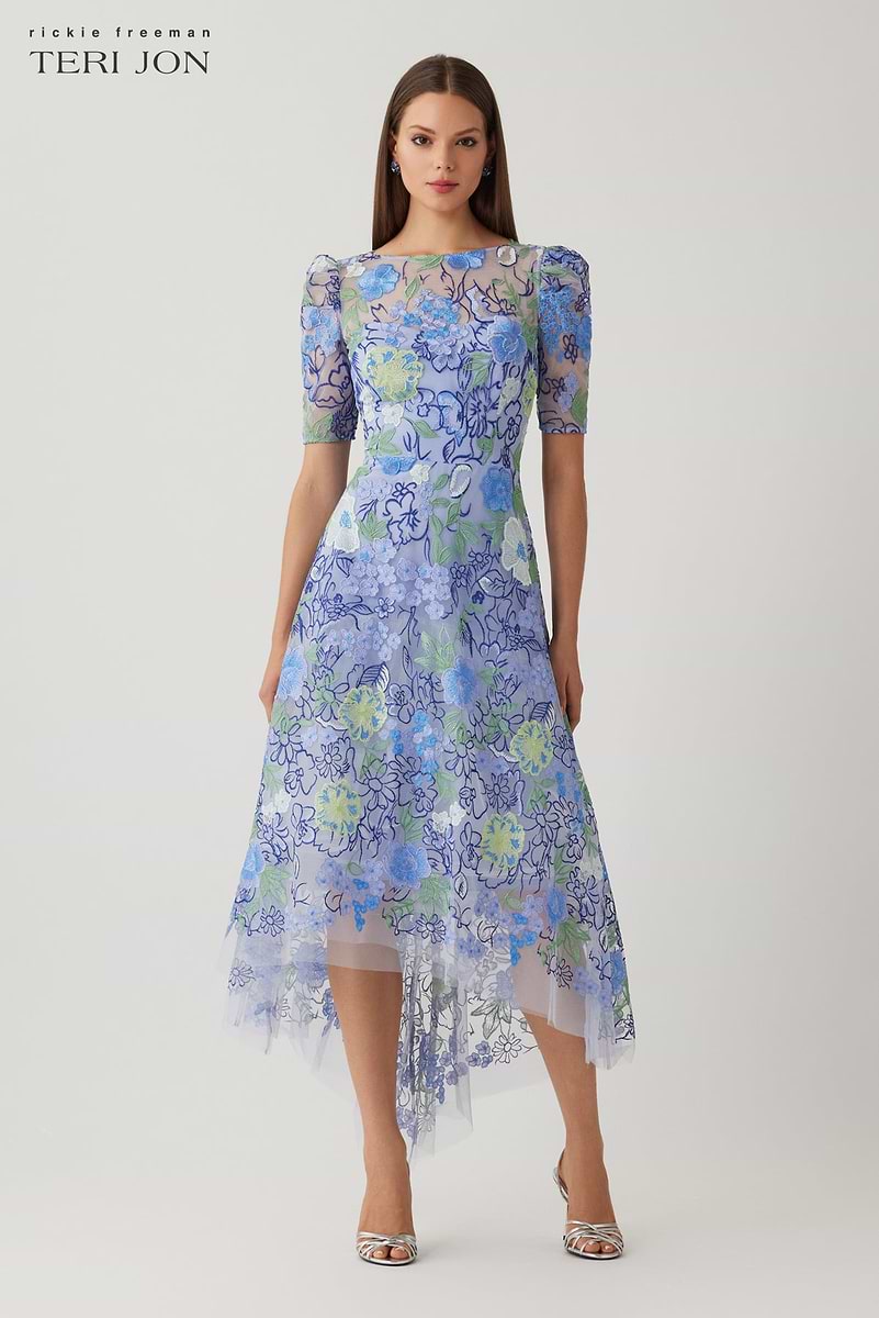 Teri Jon Embroidred Tulle Floral High Low Hem Dress Size 2