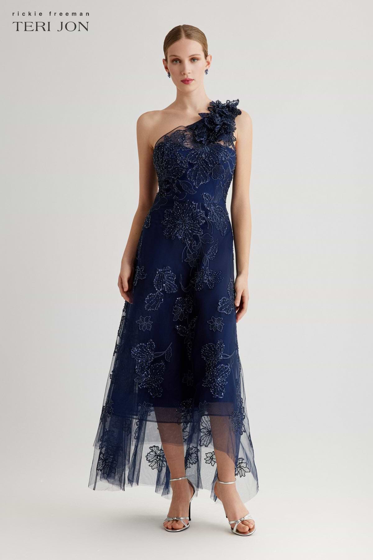 Teri Jon Tulle Beaded High Low Hem Dress Size 2