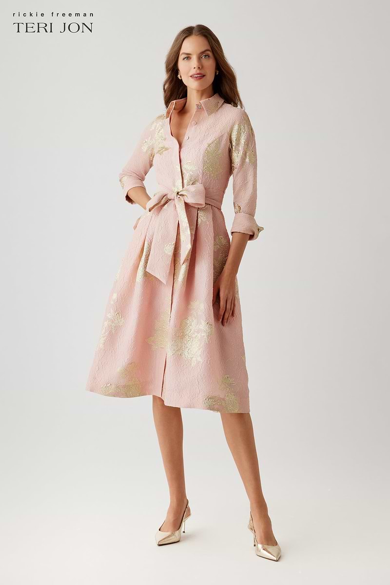 Teri Jon Metallic Floral Jacquard Shirt Waist Dress Size 0