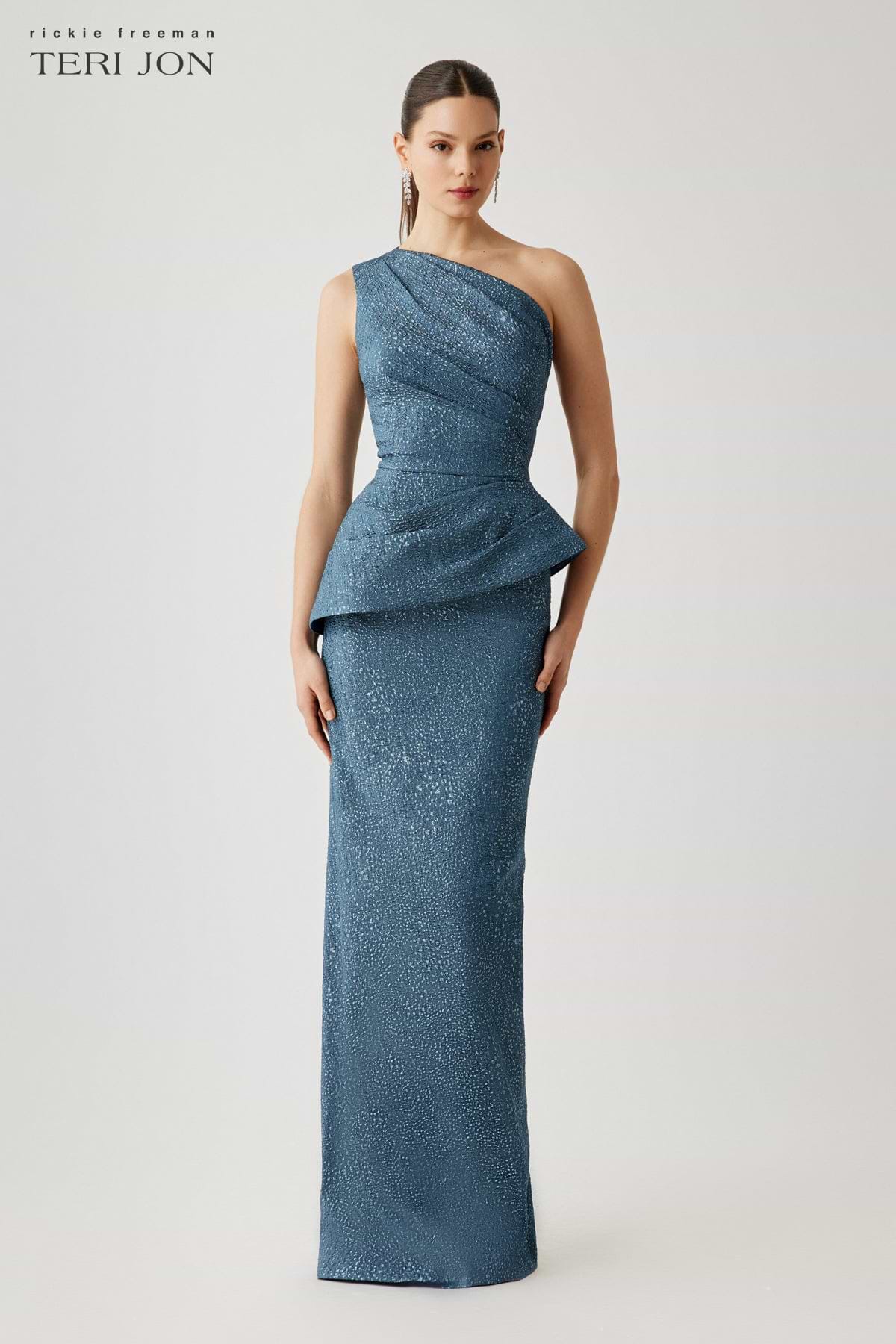 Metallic Jacquard One Shoulder Side Drape Peplum Gown – Terijon.com