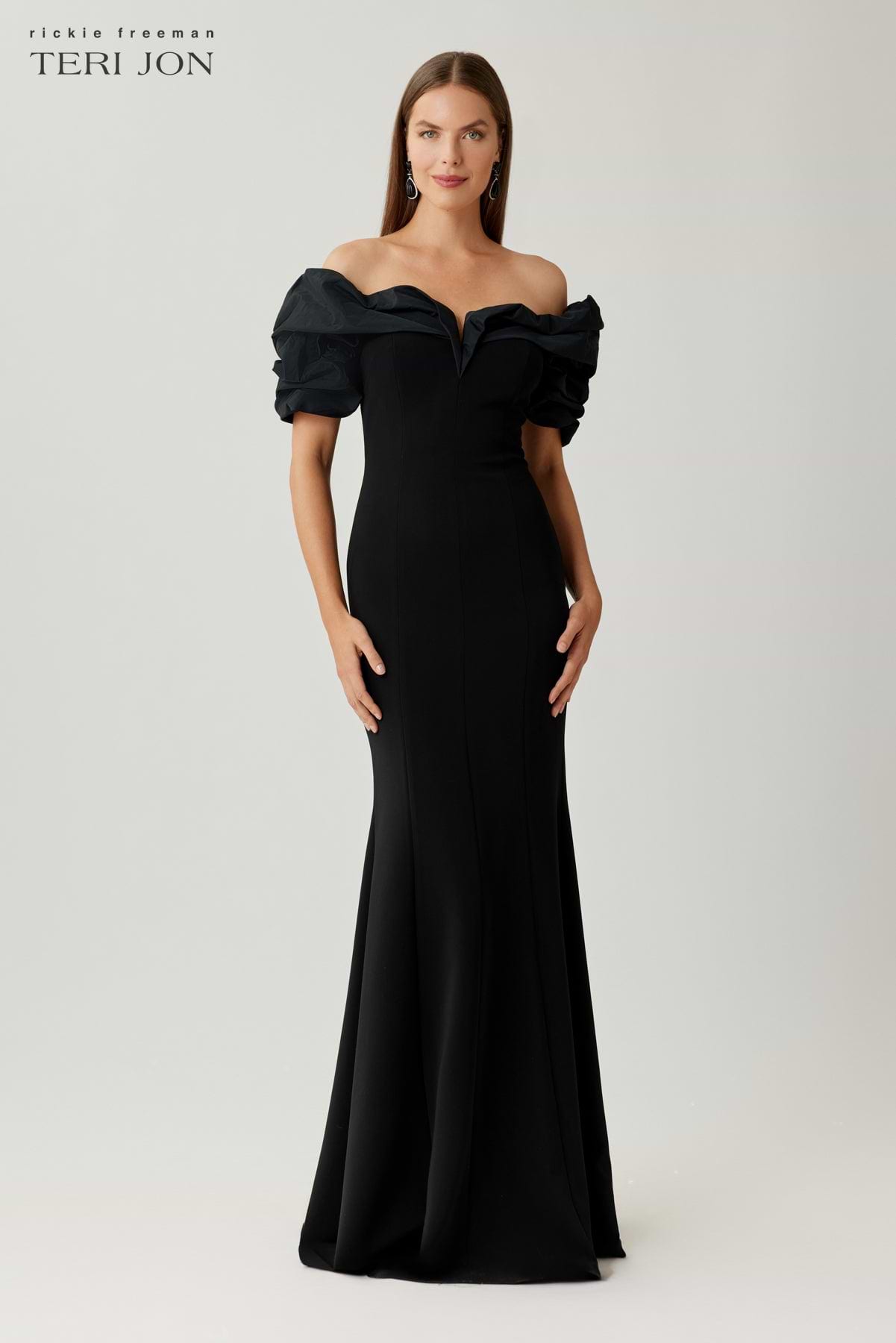 off the shoulder stretch crepe ruched dress Teri Jon Taffeta Bodice Gown Size 16 Color:Emerald Peony Print seamless design Dress On Rack Images filter-price-$5000-$10000