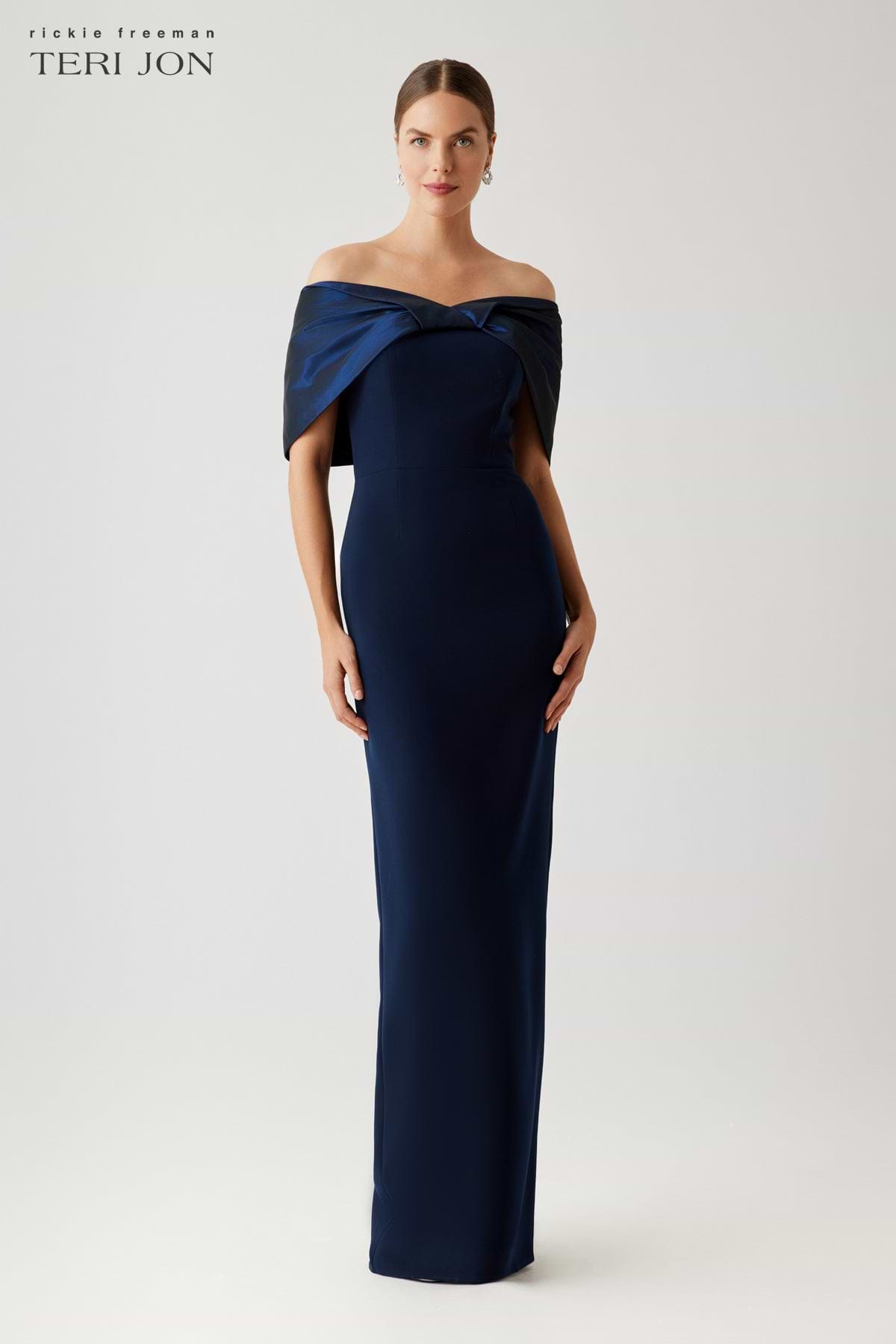 Teri Jon by Rickie Freeman Women's Tafetta Off-The-Shoulder Crepe Column Gown - Navy